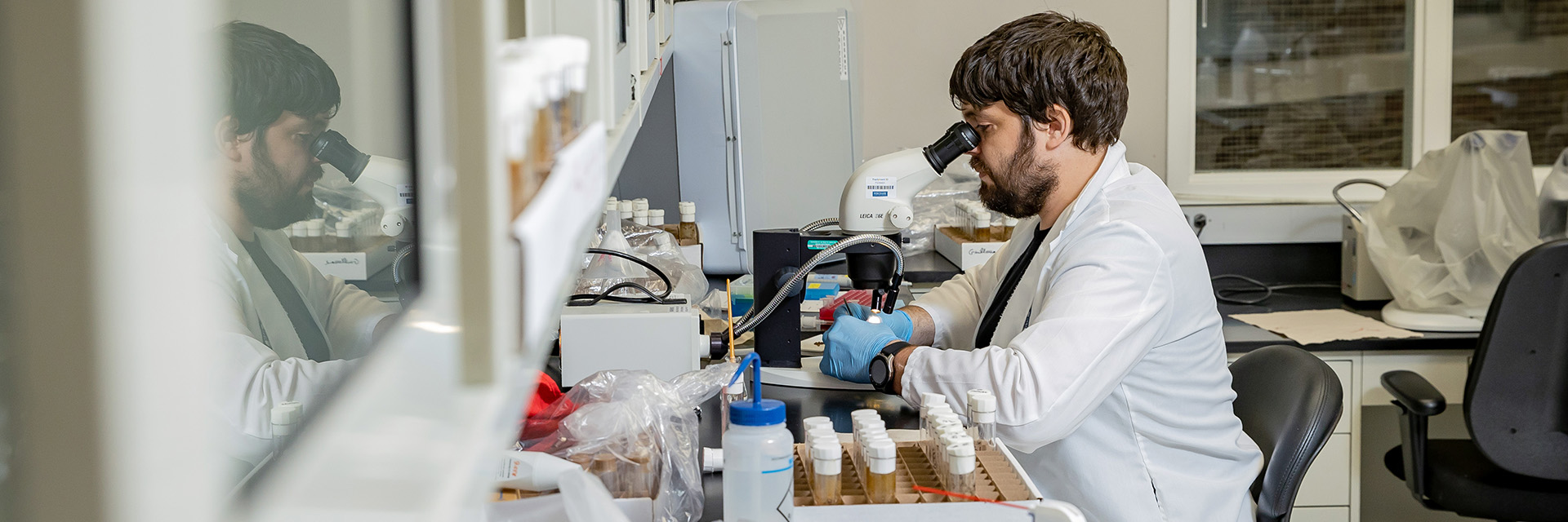 laboratory researcher at microscope